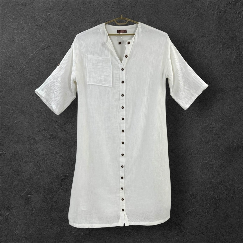 SHIFT Dress Womens 4XL White Cotton Gauze Button Front‎ Long Shirt Dress Casual